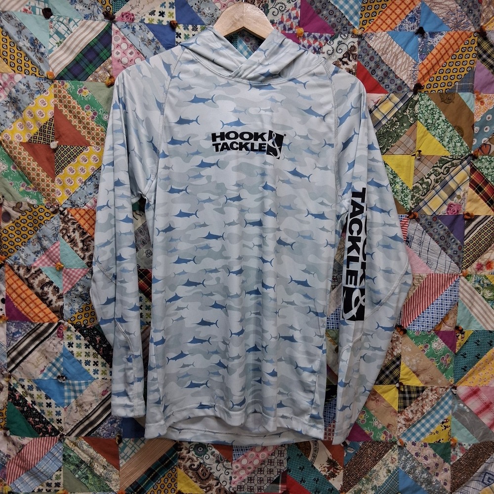 Hook & Tackle Hooded Fishing Shirt Sun Protection Size Small Camo Fish Print